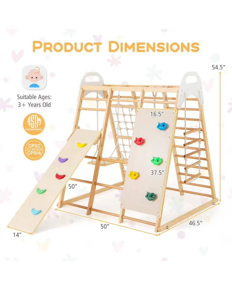8-in-1 Wooden Jungle Gym Playset with Slide and Monkey Bars-Natural - Natural - Climbers & Slides