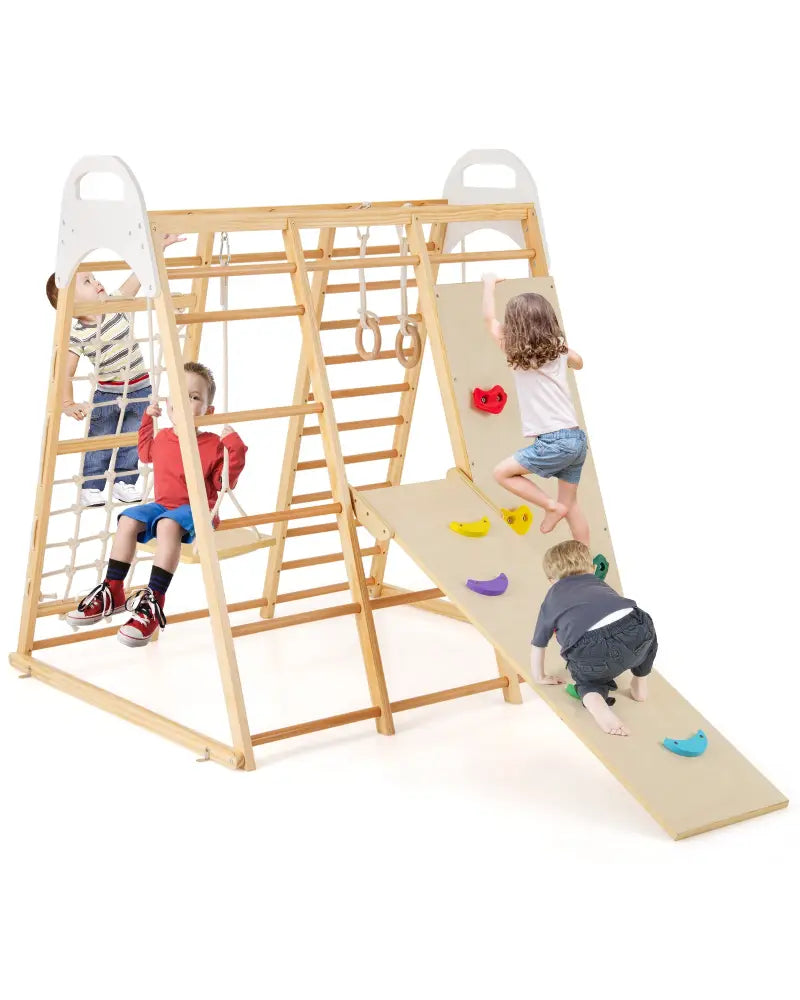 8-in-1 Wooden Jungle Gym Playset with Slide and Monkey Bars-Natural - Natural - Climbers & Slides