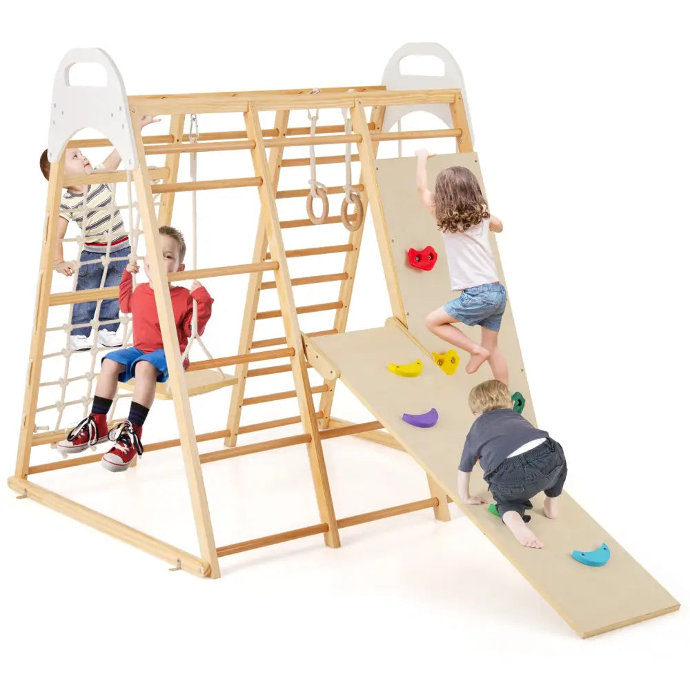 8-in-1 Wooden Jungle Gym Playset with Slide and Monkey Bars-Natural - Natural - Climbers & Slides