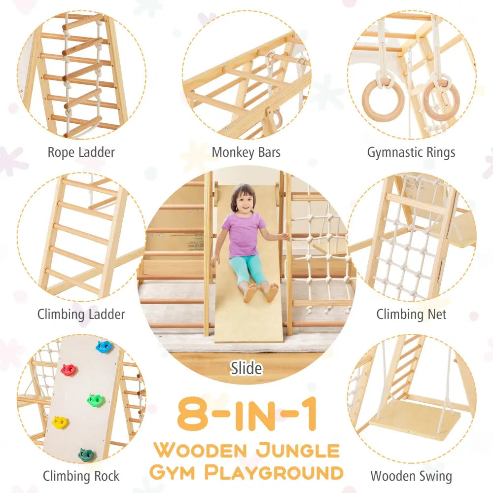8-in-1 Wooden Jungle Gym Playset with Slide and Monkey Bars-Natural - Natural - Climbers & Slides