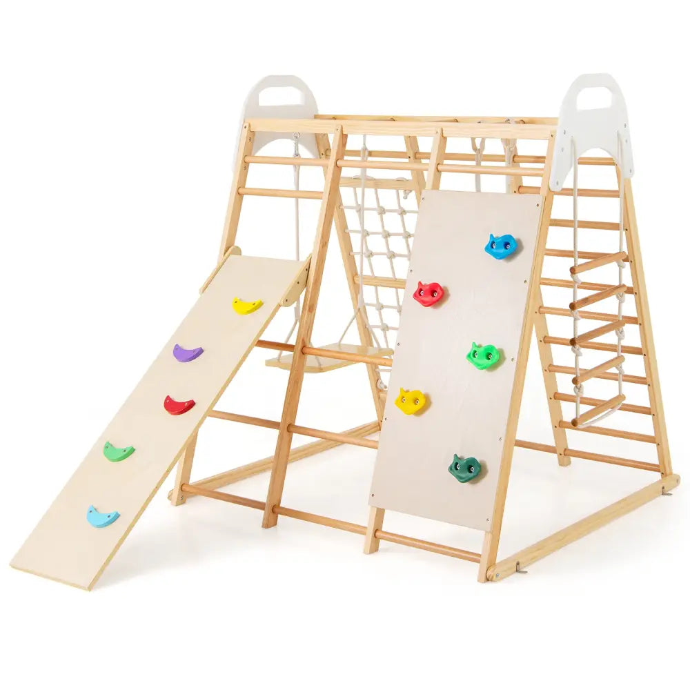 8-in-1 Wooden Jungle Gym Playset with Slide and Monkey Bars-Natural - Natural - Climbers & Slides