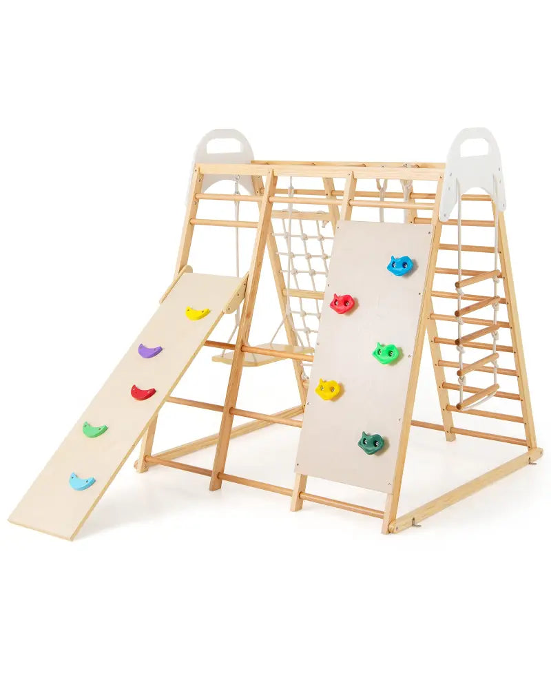 8-in-1 Wooden Jungle Gym Playset with Slide and Monkey Bars-Natural - Natural - Climbers & Slides