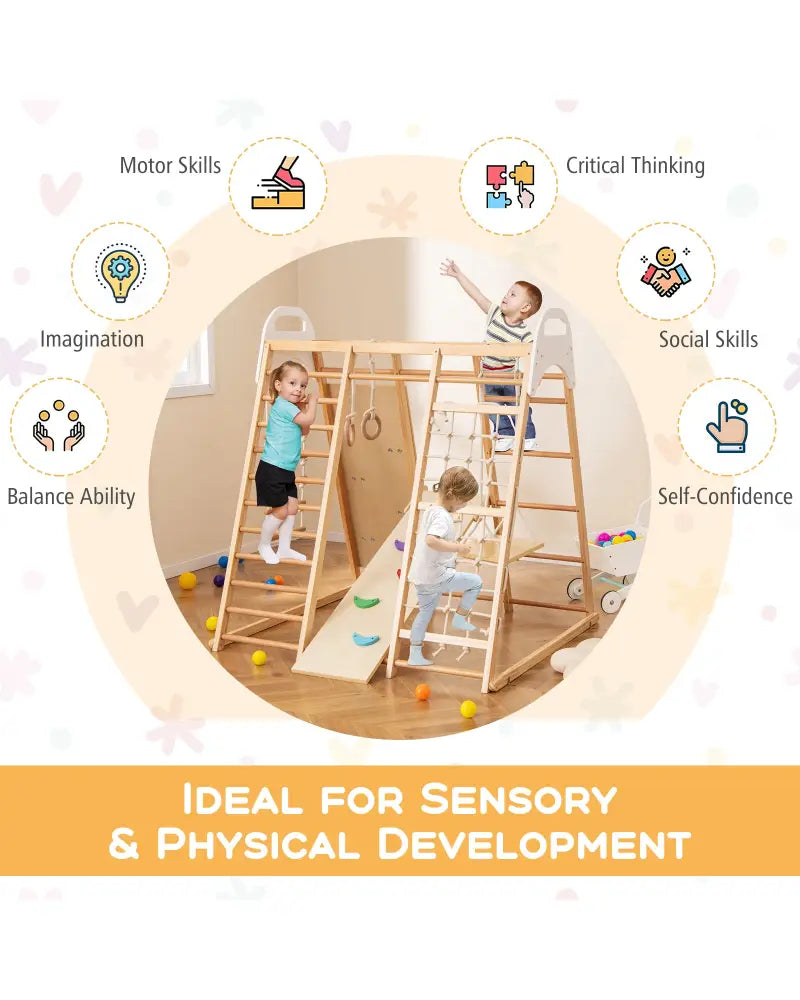 8-in-1 Wooden Jungle Gym Playset with Slide and Monkey Bars-Natural - Natural - Climbers & Slides
