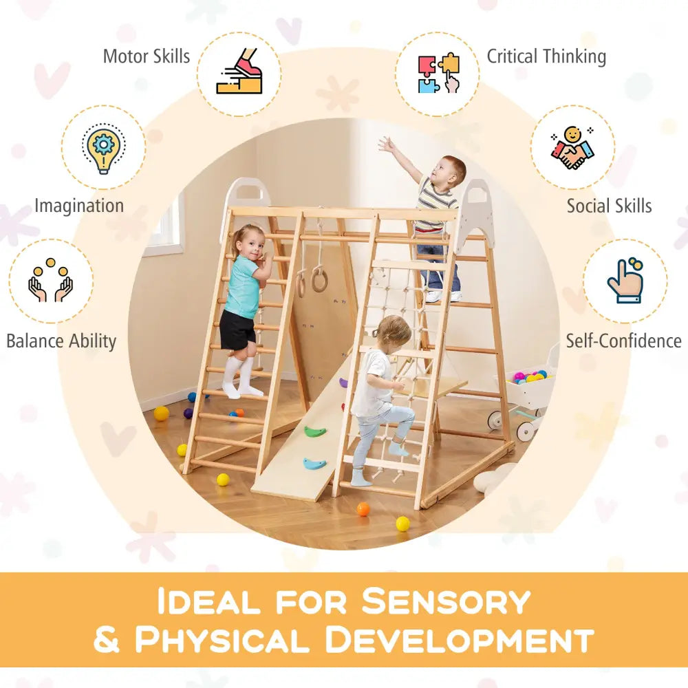 8-in-1 Wooden Jungle Gym Playset with Slide and Monkey Bars-Natural - Natural - Climbers & Slides