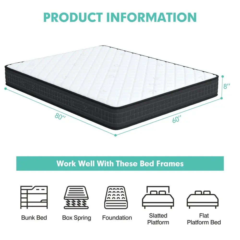 8 Inch Breathable Memory Foam Bed Mattress Medium Firm for Pressure Relieve-Queen Size - White - Mattresses