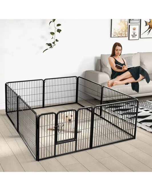 8 Panel 24 Inch Height Pet Fence Indoor Outdoor-24 inch - Black - Pet Gate