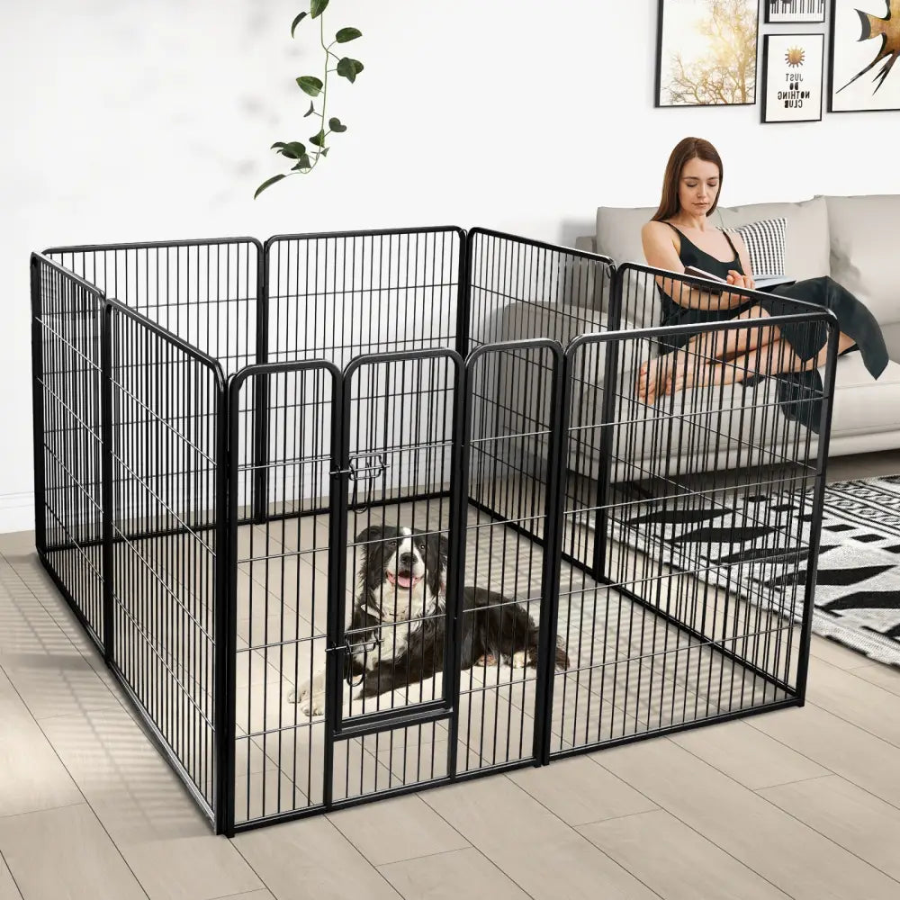 8 Panel 40 Inch Height Pet Fence Indoor Outdoor-40 inches - Black - Pet Gate