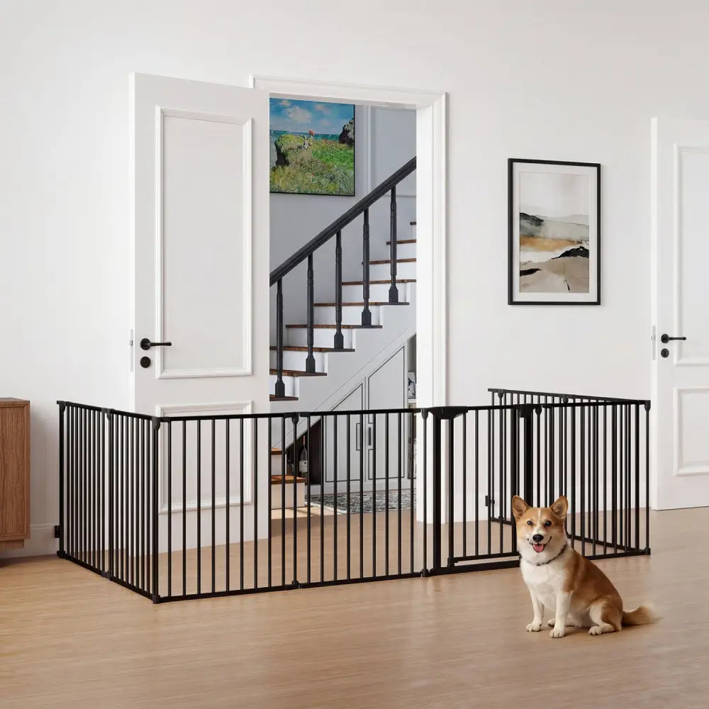 8-Panel Extra Wide Baby Gate Adjustable Pet Safety Fence with Auto-close Door-Black - Black - Pet Gate