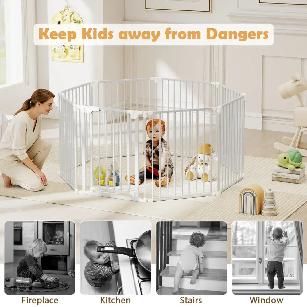 8-Panel Extra Wide Baby Gate Adjustable Pet Safety Fence with Auto-close Door-White - White - Pet Gate