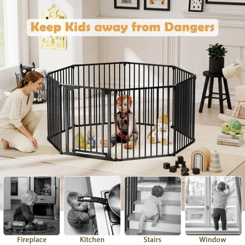 8-Panel Extra Wide Baby Gate Adjustable Pet Safety Fence with Auto-close Door-Black - Black - Pet Gate