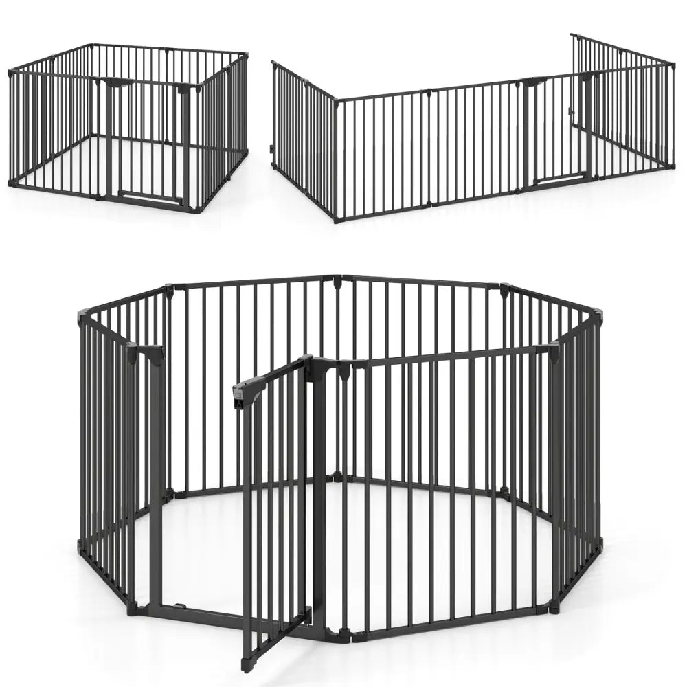 8-Panel Extra Wide Baby Gate Adjustable Pet Safety Fence with Auto-close Door-Black - Black - Pet Gate