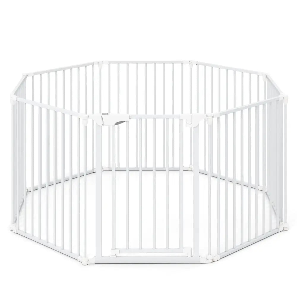 8-Panel Extra Wide Baby Gate Adjustable Pet Safety Fence with Auto-close Door-White - White - Pet Gate