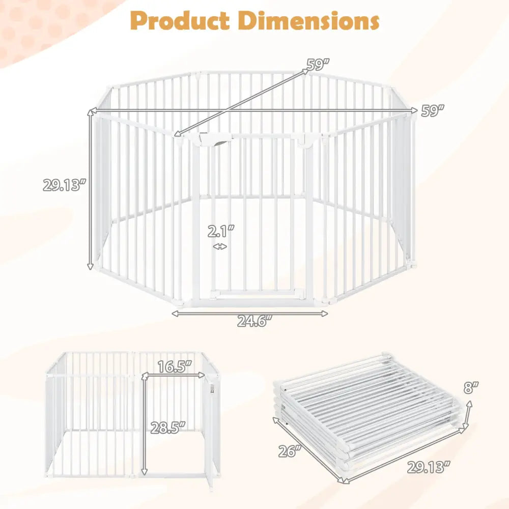 8-Panel Extra Wide Baby Gate Adjustable Pet Safety Fence with Auto-close Door-White - White - Pet Gate