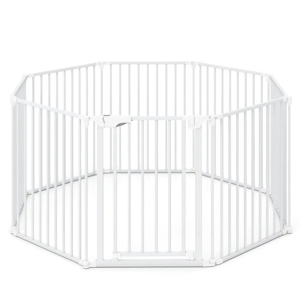 8-Panel Extra Wide Baby Gate Adjustable Pet Safety Fence with Auto-close Door-White - White - Pet Gate