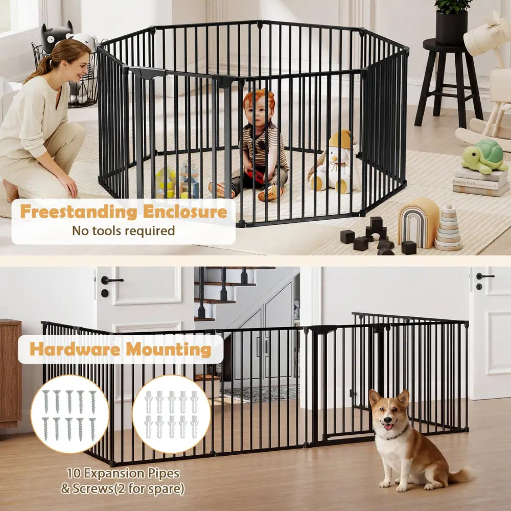 8-Panel Extra Wide Baby Gate Adjustable Pet Safety Fence with Auto-close Door-Black - Black - Pet Gate