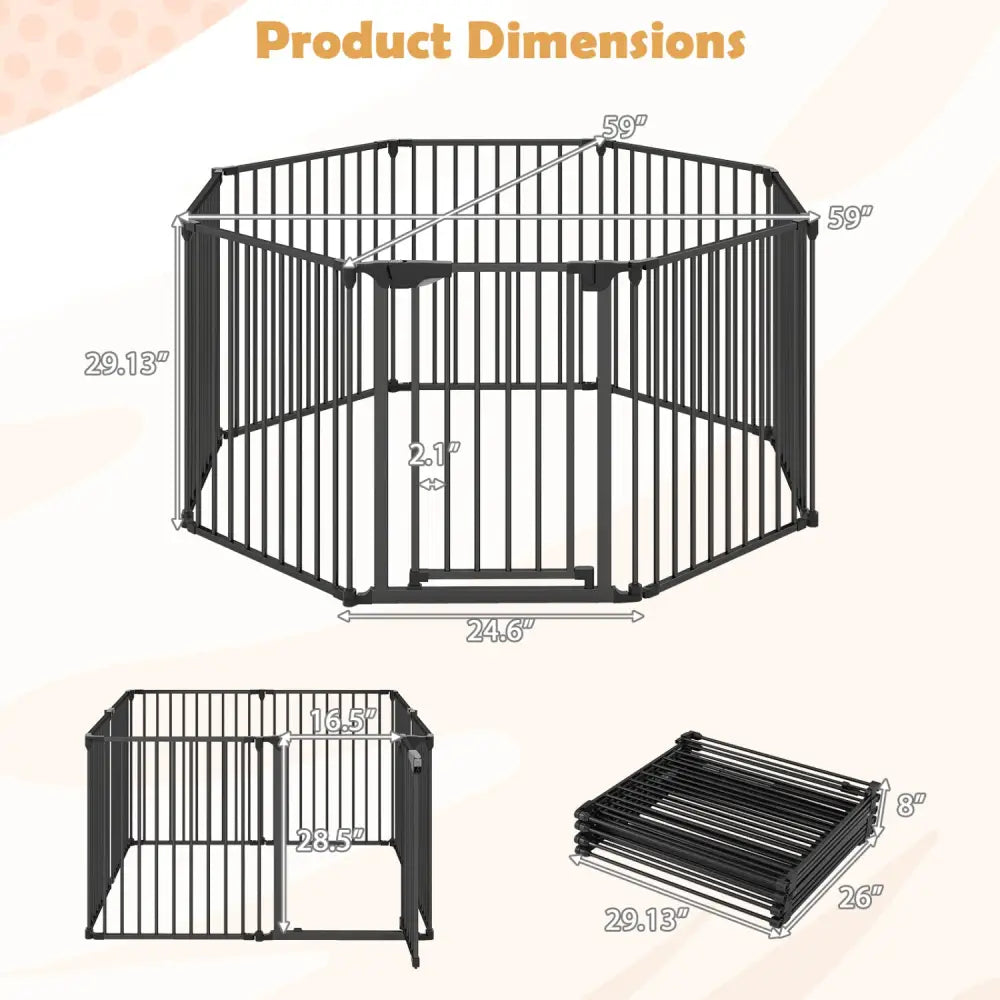 8-Panel Extra Wide Baby Gate Adjustable Pet Safety Fence with Auto-close Door-Black - Black - Pet Gate