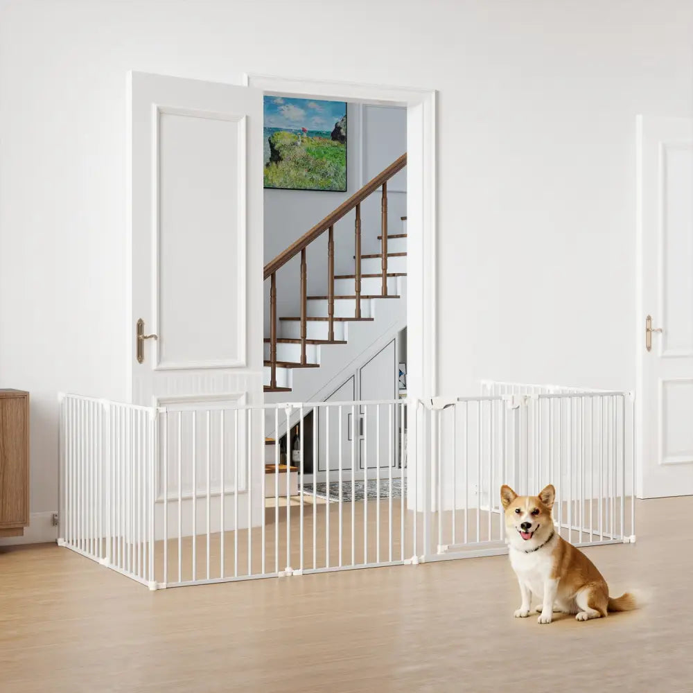 8-Panel Extra Wide Baby Gate Adjustable Pet Safety Fence with Auto-close Door-White - White - Pet Gate