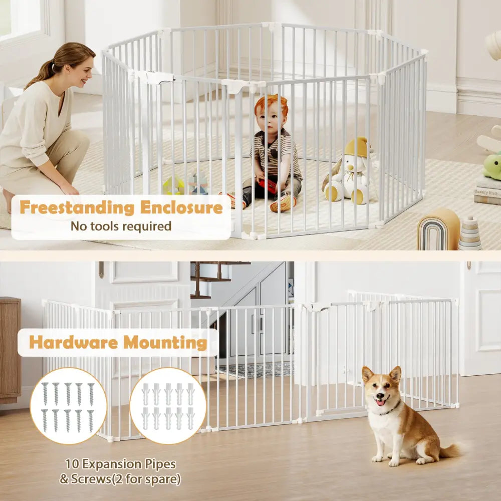 8-Panel Extra Wide Baby Gate Adjustable Pet Safety Fence with Auto-close Door-White - White - Pet Gate