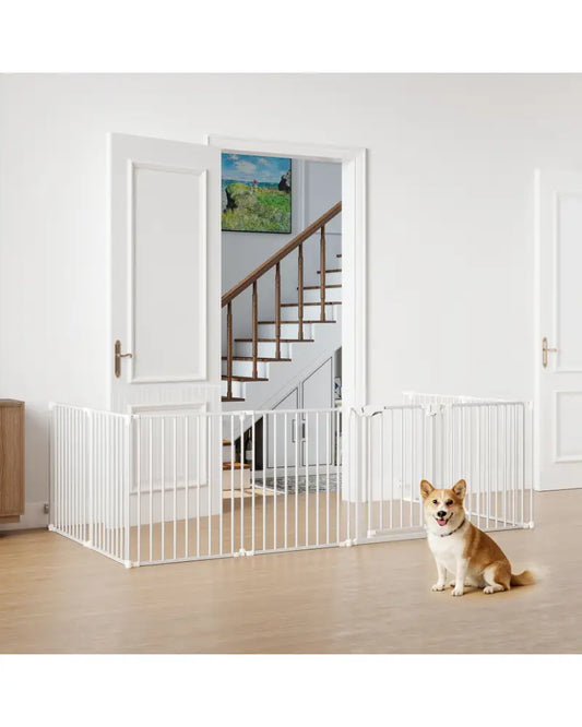 8-Panel Extra Wide Baby Gate Adjustable Pet Safety Fence with Auto-close Door-White - White - Pet Gate