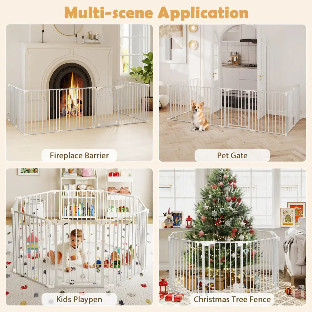 8-Panel Extra Wide Baby Gate Adjustable Pet Safety Fence with Auto-close Door-White - White - Pet Gate