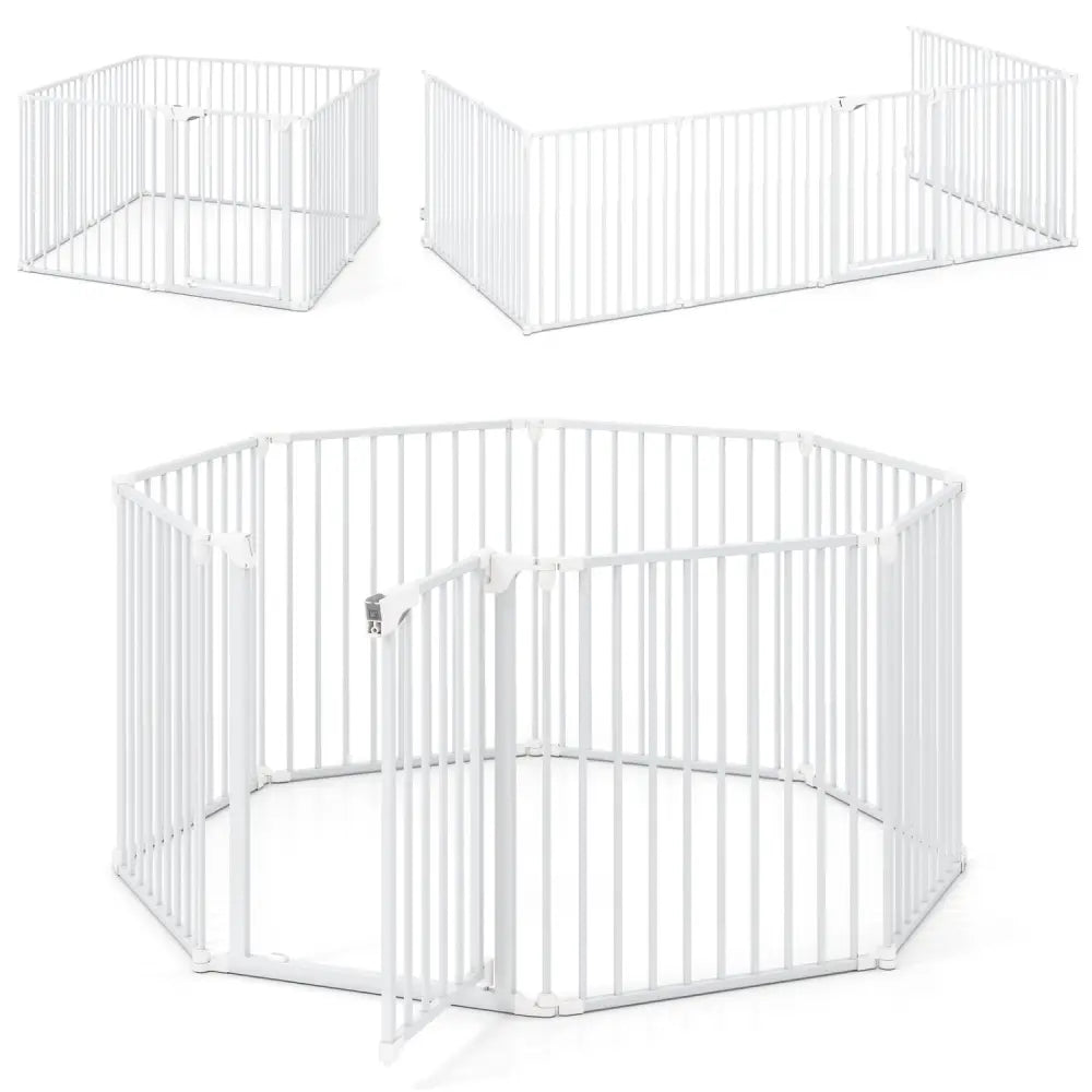 8-Panel Extra Wide Baby Gate Adjustable Pet Safety Fence with Auto-close Door-White - White - Pet Gate