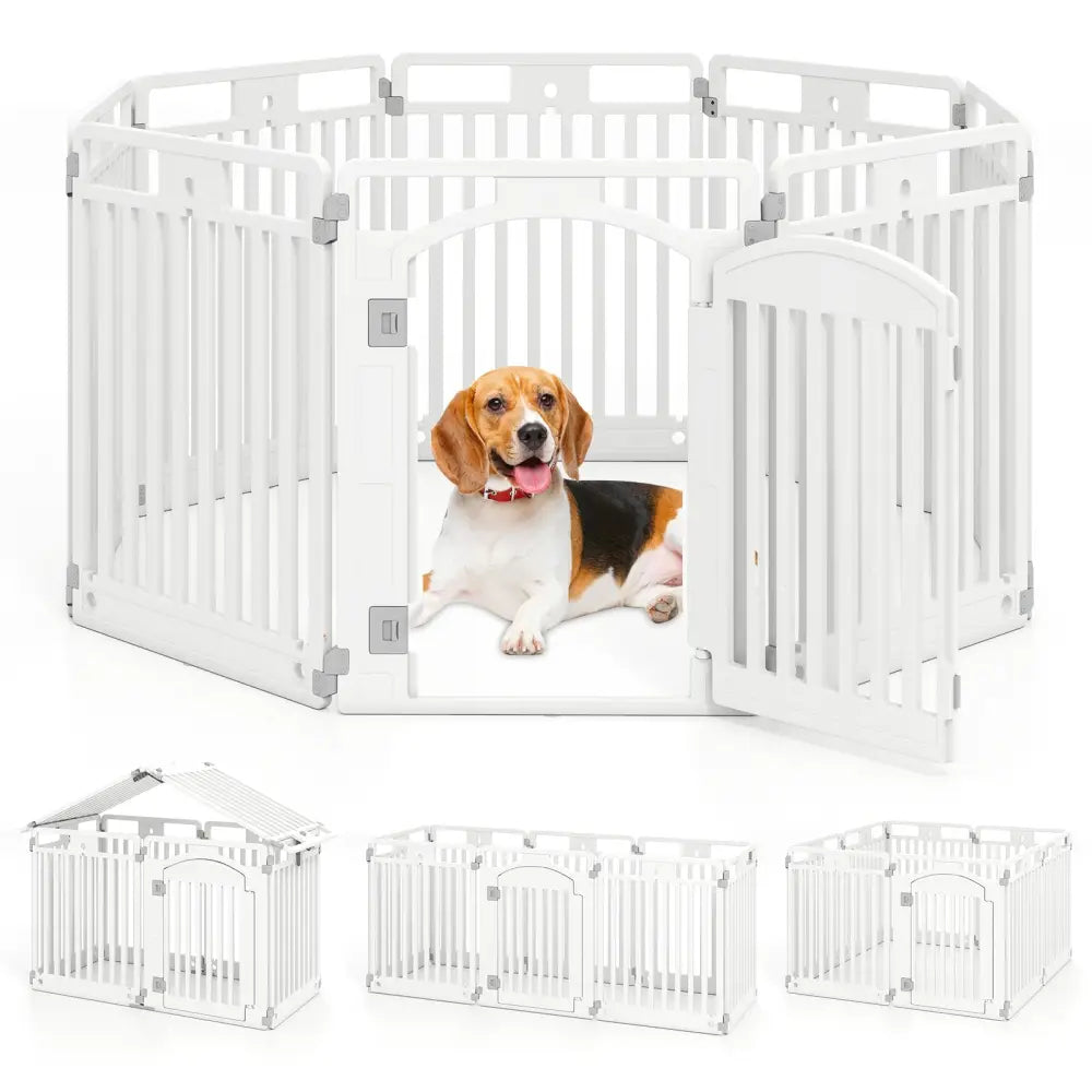 8-Panel Tall Plastic Dog Fence Indoor Outdoor Puppy Pen with Locking Door-White - White - Pet Gate