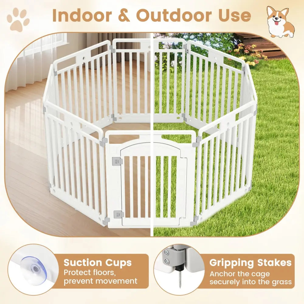 8-Panel Tall Plastic Dog Fence Indoor Outdoor Puppy Pen with Locking Door-White - White - Pet Gate