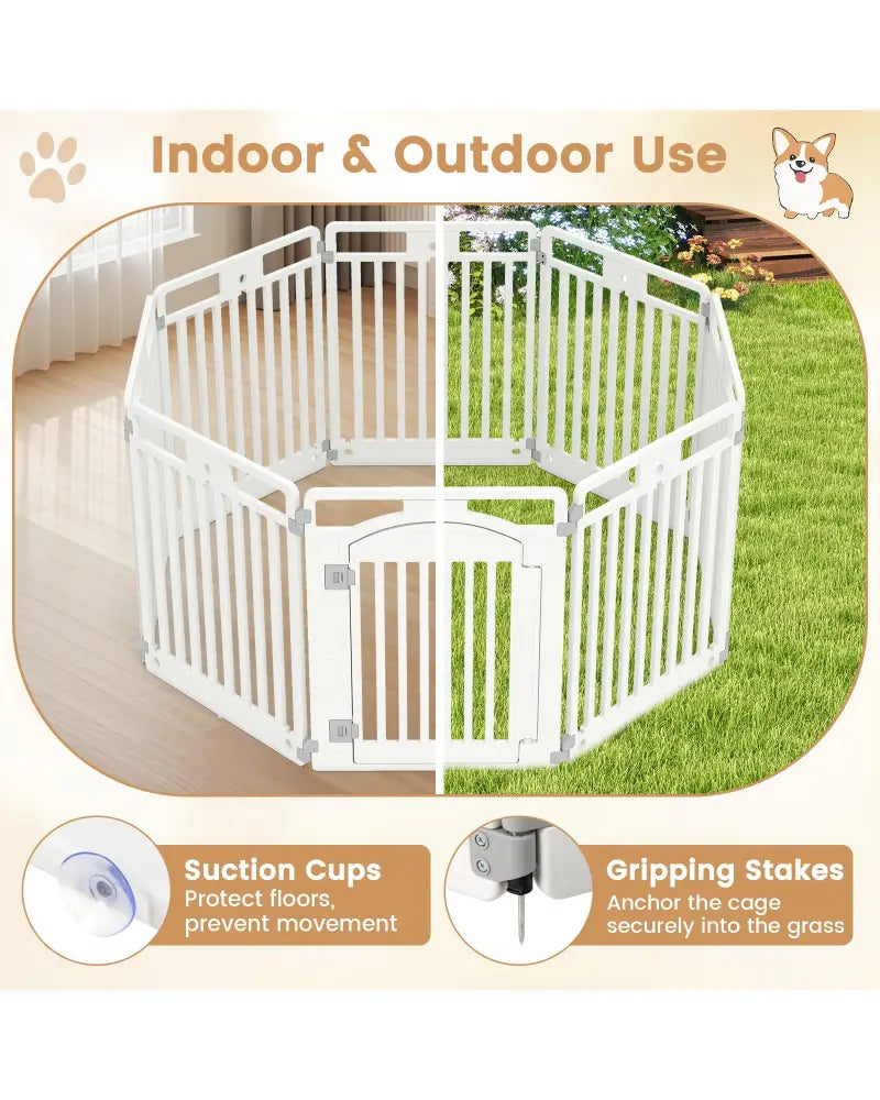 8-Panel Tall Plastic Dog Fence Indoor Outdoor Puppy Pen with Locking Door-White - White - Pet Gate