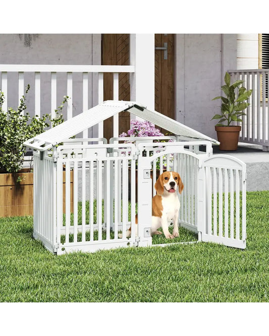 8-Panel Tall Plastic Dog Fence Indoor Outdoor Puppy Pen with Locking Door-White - White - Pet Gate