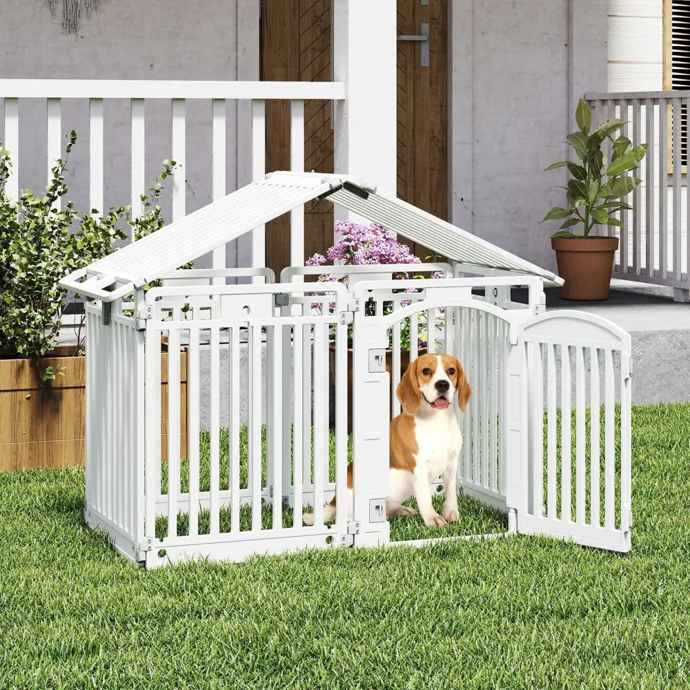 8-Panel Tall Plastic Dog Fence Indoor Outdoor Puppy Pen with Locking Door-White - White - Pet Gate