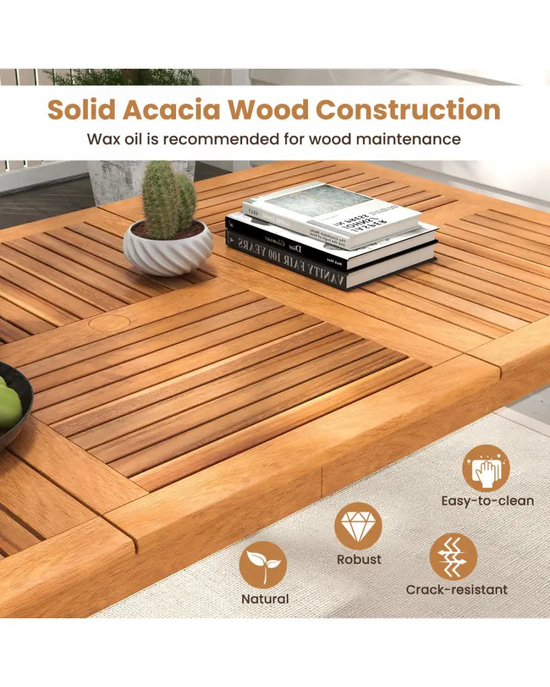 8-Person Outdoor Acacia Wood Dining Rectangular Bistro Table with Umbrella Hole - Natural - Patio Dining Tables