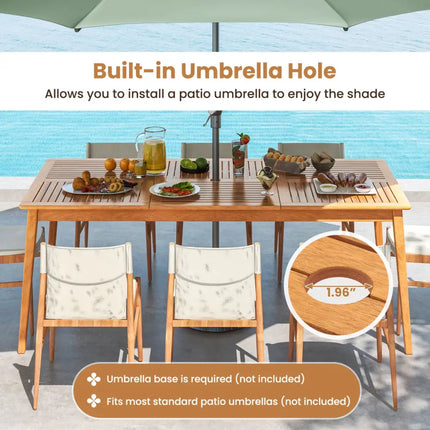 8-Person Outdoor Acacia Wood Dining Rectangular Bistro Table with Umbrella Hole - Natural - Patio Dining Tables