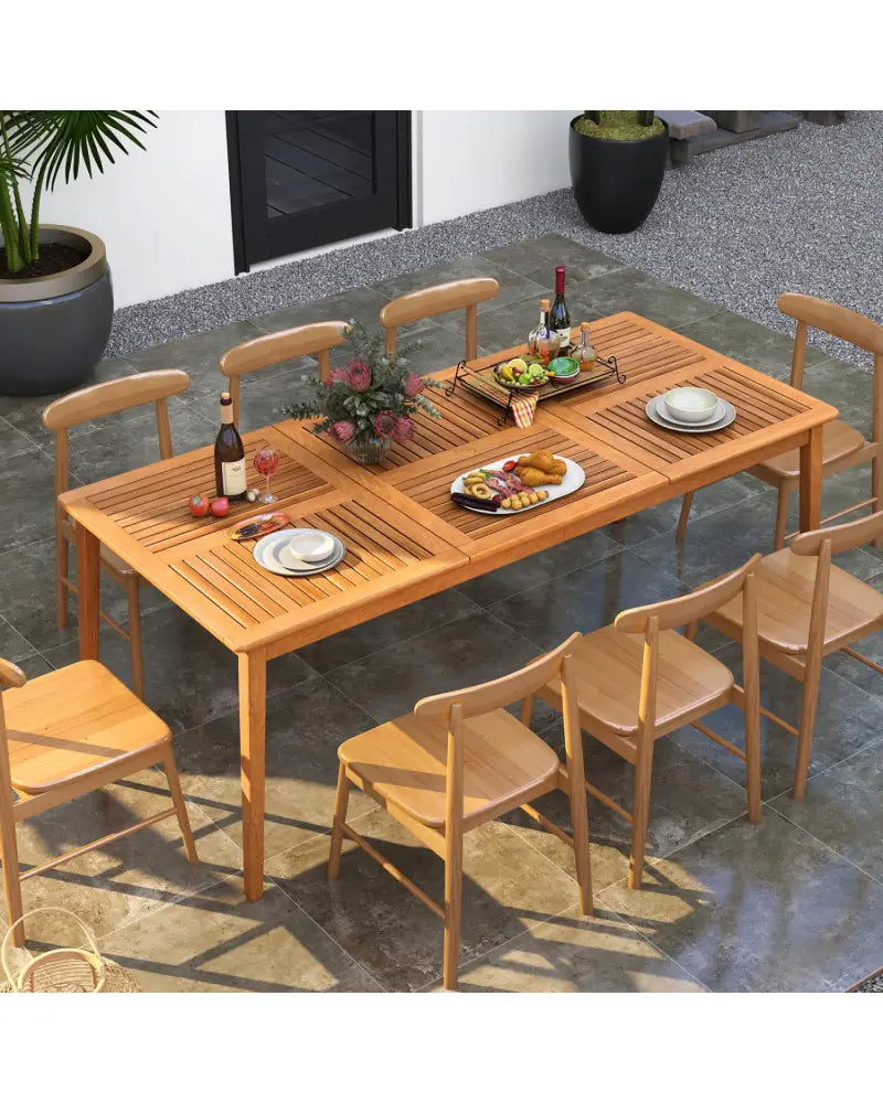 8-Person Outdoor Acacia Wood Dining Rectangular Bistro Table with Umbrella Hole - Natural - Patio Dining Tables
