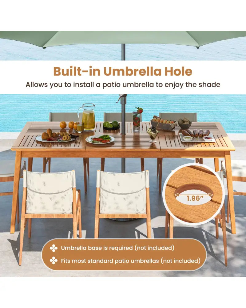 8-Person Outdoor Acacia Wood Dining Rectangular Bistro Table with Umbrella Hole - Natural - Patio Dining Tables