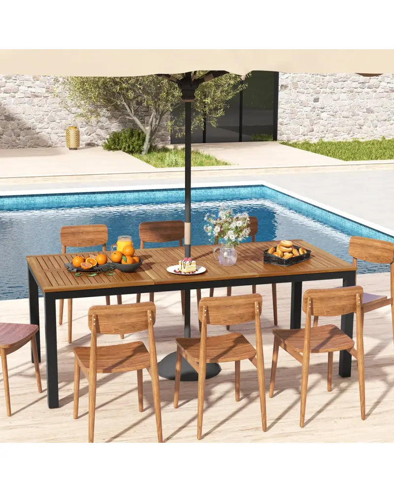 8-Person Outdoor Dining Table 79 Inch Acacia Wood Patio Table with Umbrella Hole - Natural - Patio Dining Tables