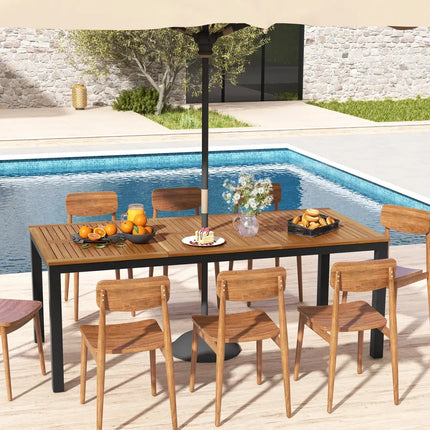 8-Person Outdoor Dining Table 79 Inch Acacia Wood Patio Table with Umbrella Hole - Natural - Patio Dining Tables