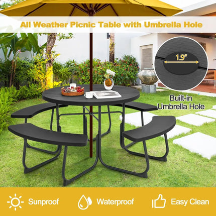 8-Person Outdoor Picnic Table and Bench Set with Umbrella Hole-Black - Black - Picnic Tables