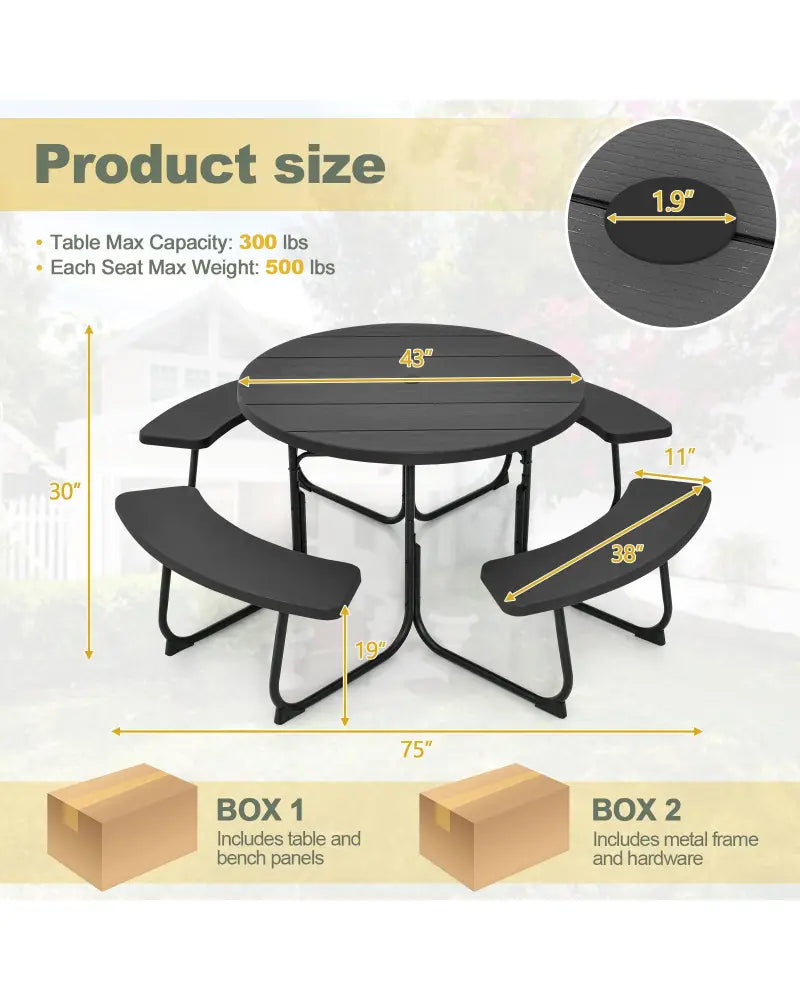8-Person Outdoor Picnic Table and Bench Set with Umbrella Hole-Black - Black - Picnic Tables
