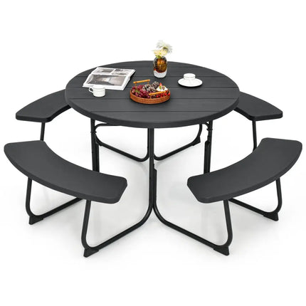 8-Person Outdoor Picnic Table and Bench Set with Umbrella Hole-Black - Black - Picnic Tables