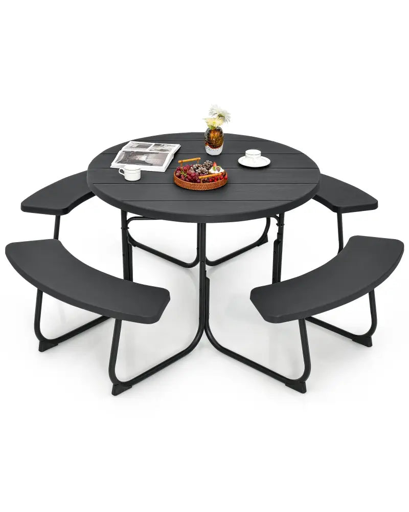 8-Person Outdoor Picnic Table and Bench Set with Umbrella Hole-Black - Black - Picnic Tables