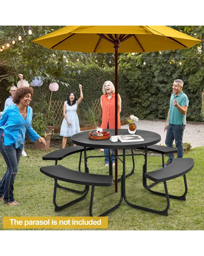 8-Person Outdoor Picnic Table and Bench Set with Umbrella Hole-Black - Black - Picnic Tables