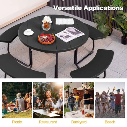 8-Person Outdoor Picnic Table and Bench Set with Umbrella Hole-Black - Black - Picnic Tables