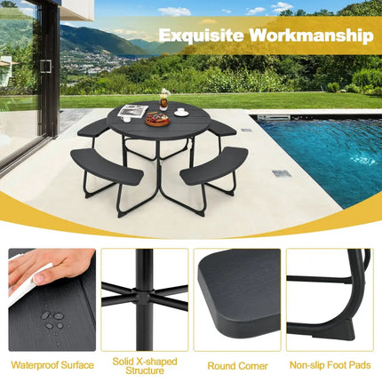 8-Person Outdoor Picnic Table and Bench Set with Umbrella Hole-Black - Black - Picnic Tables