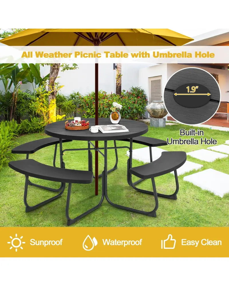 8-Person Outdoor Picnic Table and Bench Set with Umbrella Hole-Black - Black - Picnic Tables