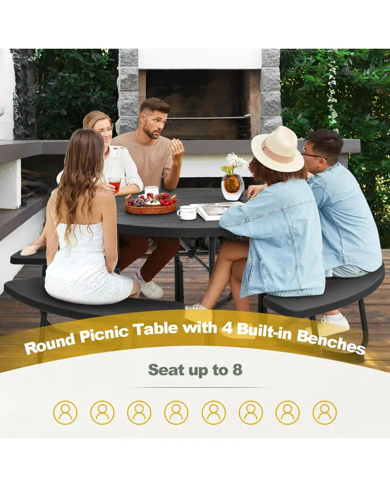 8-Person Outdoor Picnic Table and Bench Set with Umbrella Hole-Black - Black - Picnic Tables