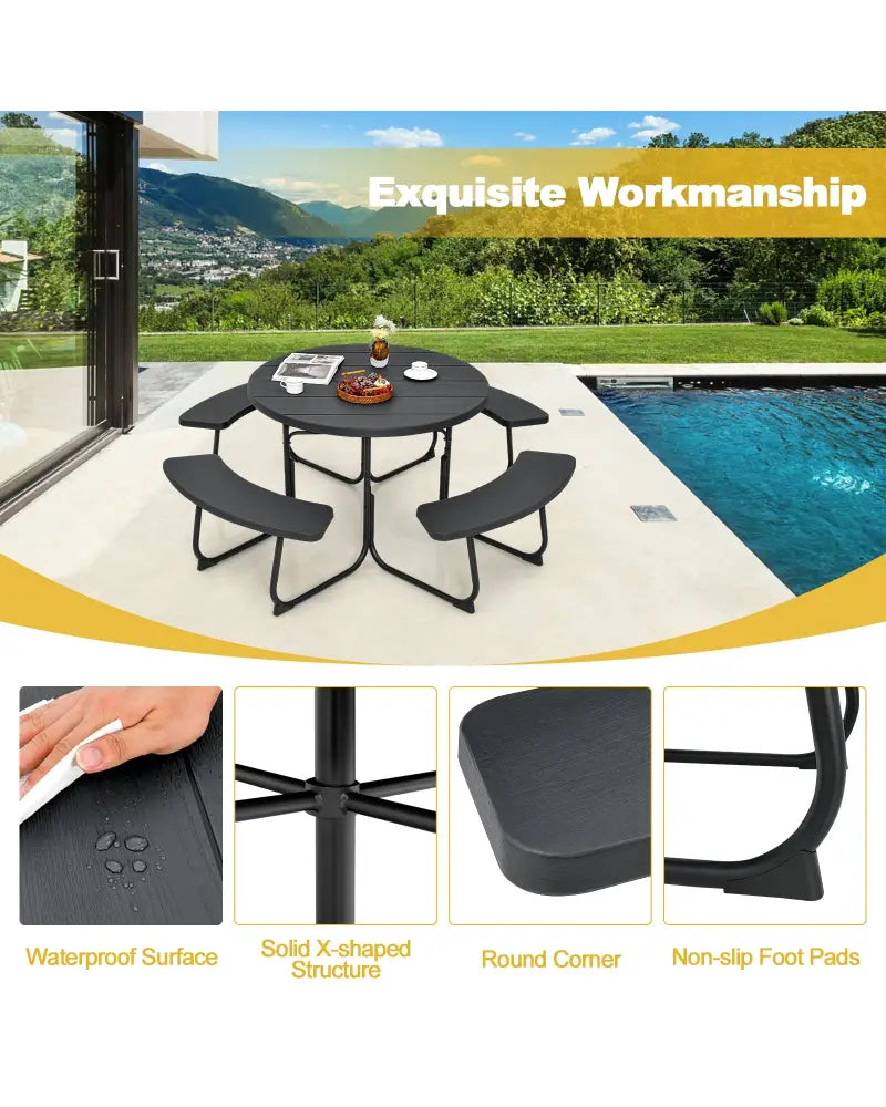 8-Person Outdoor Picnic Table and Bench Set with Umbrella Hole-Black - Black - Picnic Tables