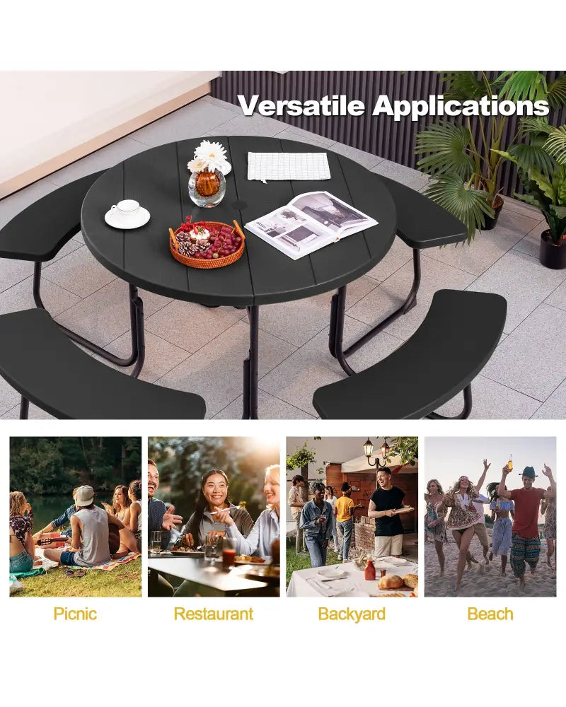 8-Person Outdoor Picnic Table and Bench Set with Umbrella Hole-Black - Black - Picnic Tables