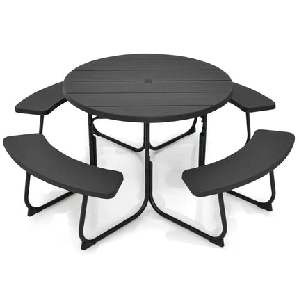 8-Person Outdoor Picnic Table and Bench Set with Umbrella Hole-Black - Black - Picnic Tables