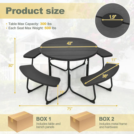 8-Person Outdoor Picnic Table and Bench Set with Umbrella Hole-Black - Black - Picnic Tables