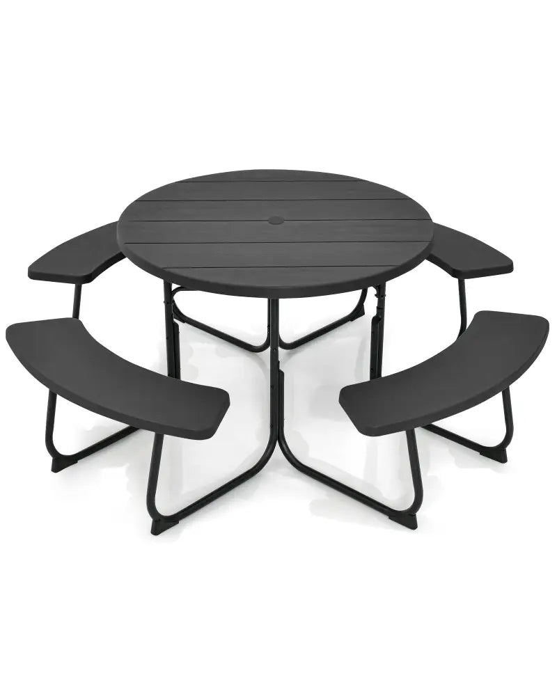 8-Person Outdoor Picnic Table and Bench Set with Umbrella Hole-Black - Black - Picnic Tables